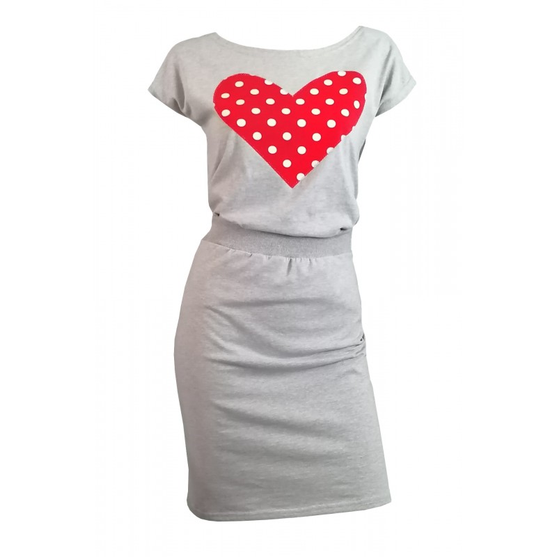 Compleu dama, fusta + tricou,  gri deschis cu inimioara rosie cu buline