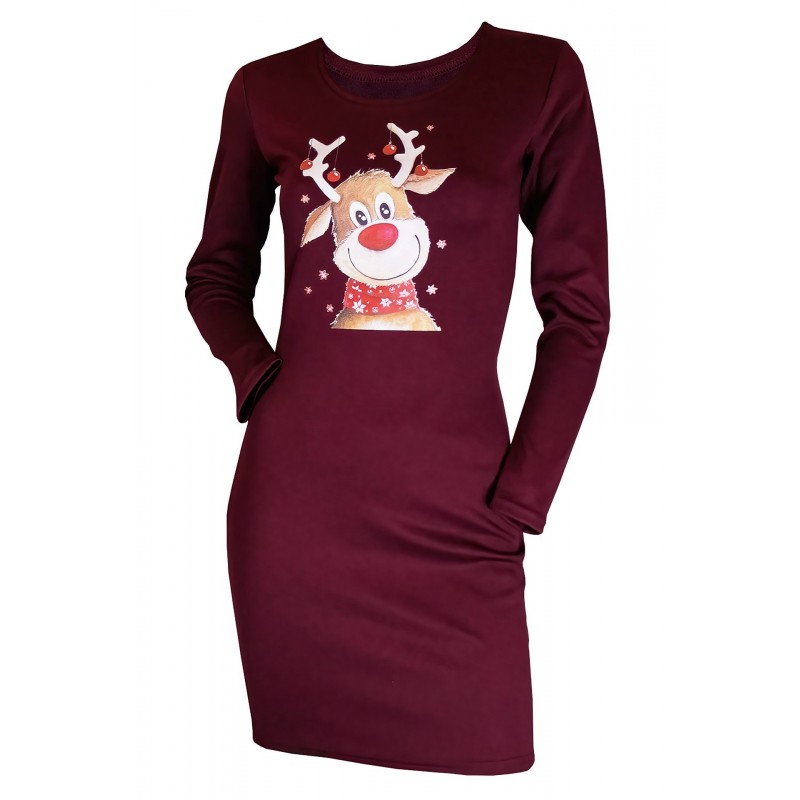 Rochie dama, visinie, cu imprimeu ren Craciun