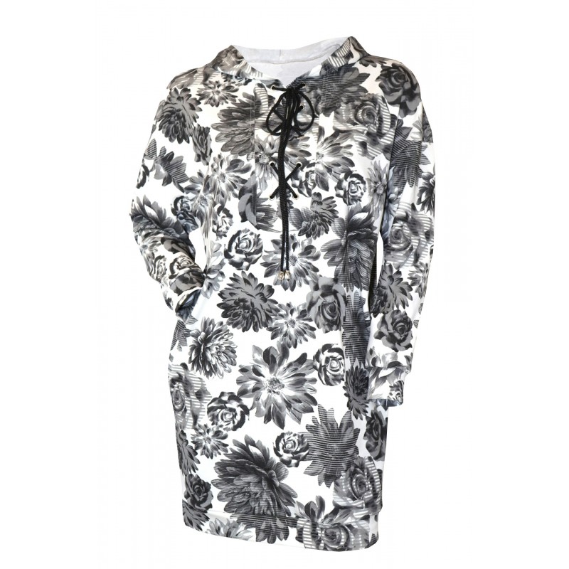 Rochie alba cu imprimeu floral negru, model oversize