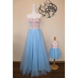 Set mama/fiica rochii elegante din tull, lungi, roz/albastru