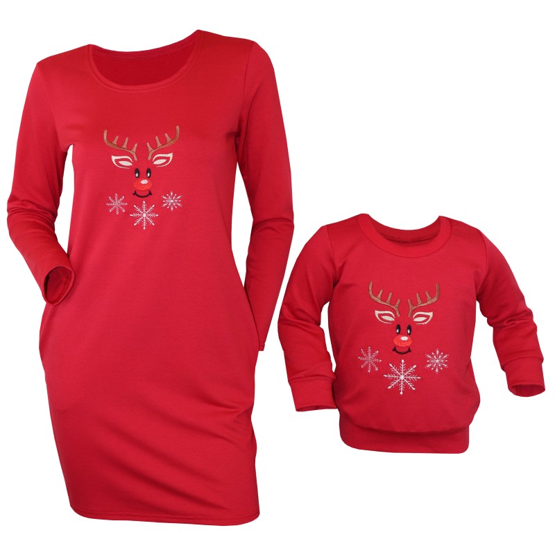 Set imbracaminte mama/fiu, rosu cu model ren Craciun si fulgi