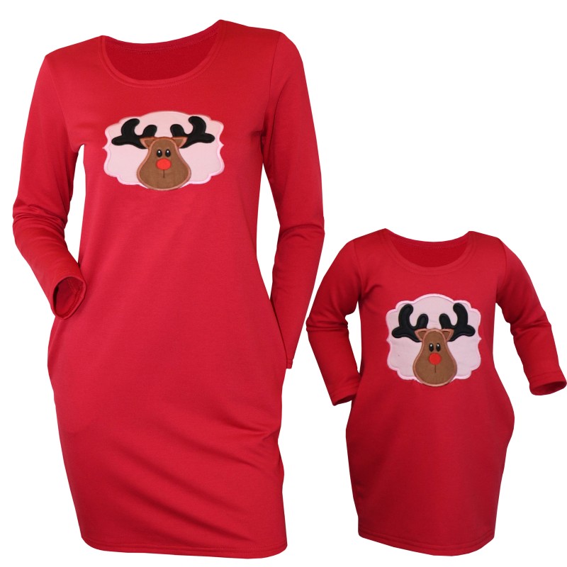 Set mama/fiica, rochii rosii cu ren brodat, Craciun