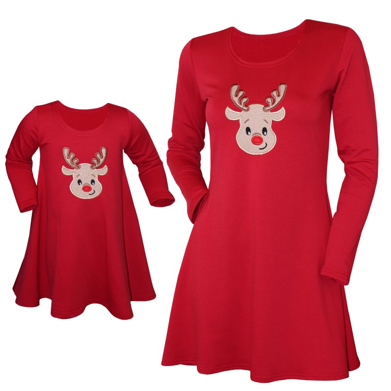 Set rochii mama/fiica, rosu cu ren auriu, Craciun