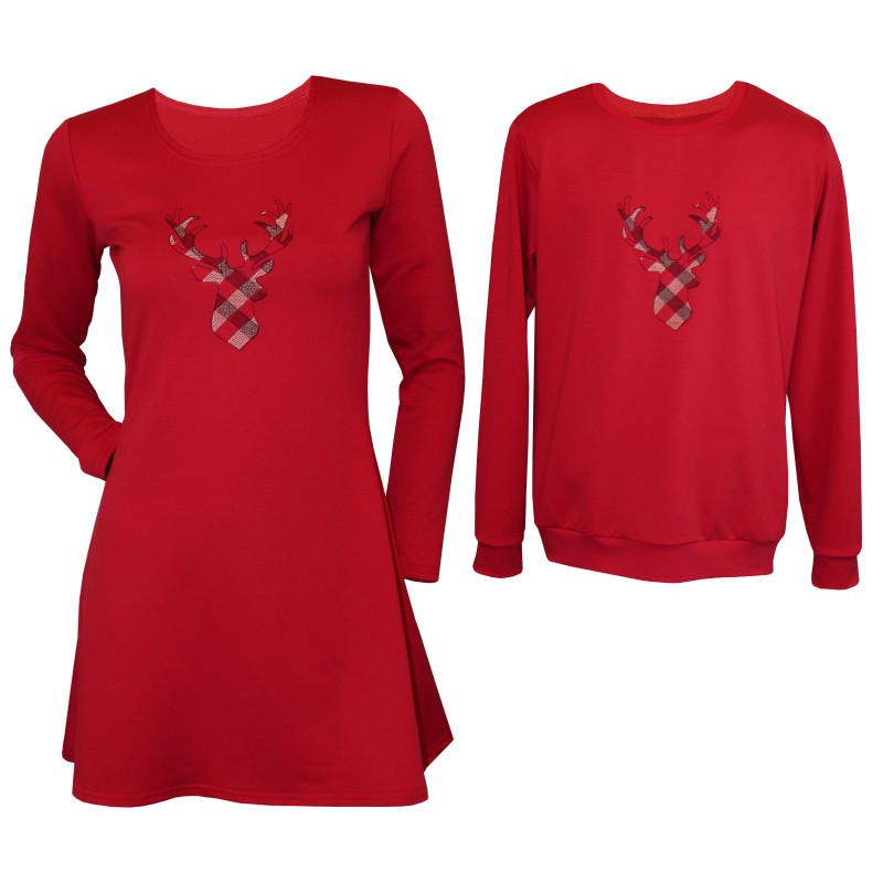 Set cuplu, rochie si bluza, rosii cu model Craciun ren brodat