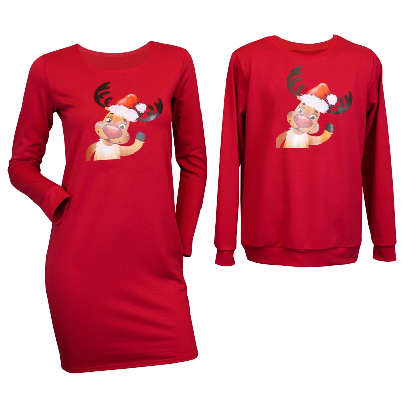 Set cuplu, rochie si bluza, rosii cu model imprimat ren maro