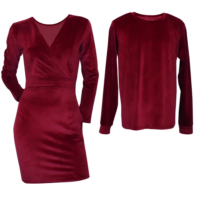 Set cuplu, rochie si bluza grena din catifea soft