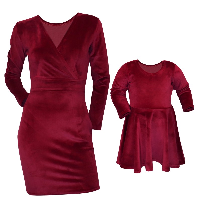 Set mama/fiica, rochii grena din catifea soft
