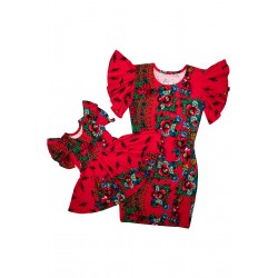 Set mama/fiica, rochii rosii cu imprimeu floral