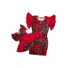 Set mama/fiica, rochii rosii cu imprimeu floral