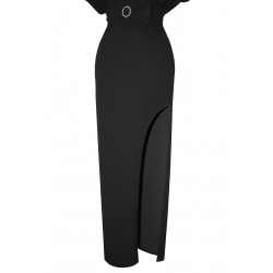 Rochie dama, neagra, lunga cu crapatura pe picior si umeri cazuti