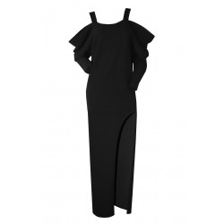 Rochie dama, neagra, lunga cu crapatura pe picior si umeri cazuti