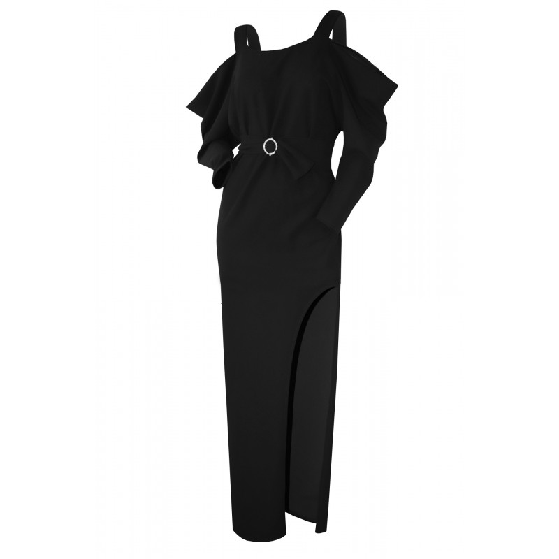 Rochie dama, neagra, lunga cu crapatura pe picior si umeri cazuti