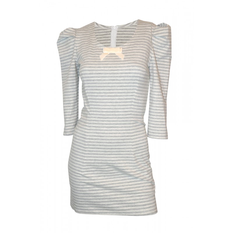 Rochie scurta, gri cu dungi crem si fir argintiu